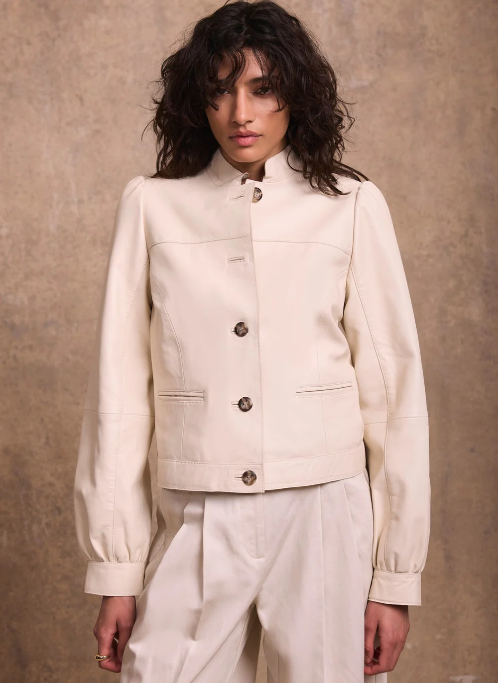 Cream Leather Puff Sleeve Jacket | Mint Velvet