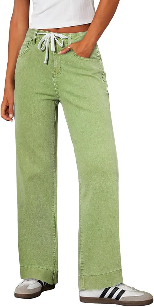 Sidefeel Women's Wide Leg Jeans High Waisted Stretchy Straight Leg Baggy Drawstring Zimbaplatinum... | Amazon (US)