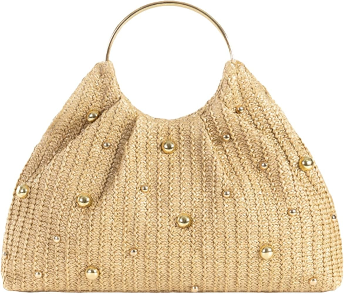 2025 Chic Straw Tote Bag Round Handheld Elegant Evening Clutch Women Party Handbag Metal Handle B... | Amazon (US)