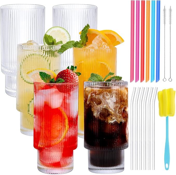 Moretoes Glass Cup Set with Straws, 12oz Ribbed Glassware, Iced Coffee Cups Set of 6, Vintage Dri... | Amazon (US)