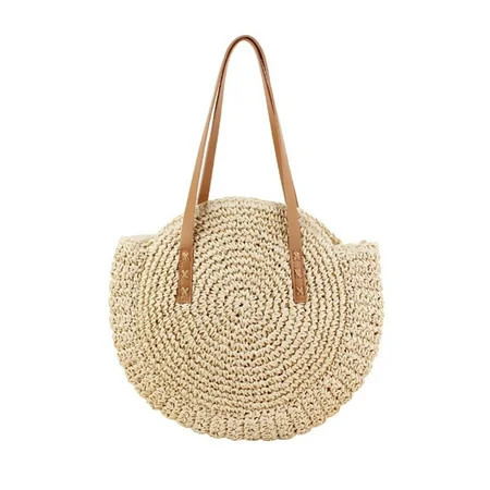 HiGRACE Women Round Straw Bag Rattan Woven Shoulder Bag Wicker Simple Portable Beach Tote New | Walmart (US)
