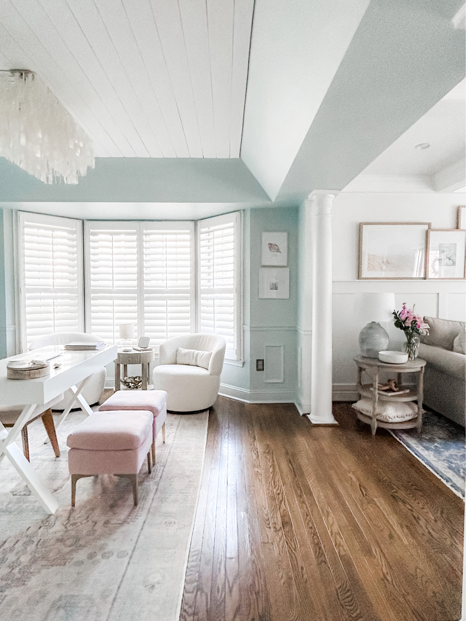 Added two thin metal gold picture frames, one square picture frame and one rectangular picture frame to my home office wall with coastal art prints from Lindsay Letters!

Home office decor, upholstered velvet ottoman with gold metal legs, white writing desk, capiz shell chandelier, coastal chandelier, capiz light fixture, wall art, area rug, transitional area rug, blush area rug, desk decor, swivel chairs, raffia side table, round end table, round side table with cane shelf, blue area rug, living room decor. Bouclé swivel chair, neutral decor, pink velvet dining chair, White X-Leg desk. 

#homeoffice #livingroom #frame

#LTKhome #LTKFind #LTKstyletip