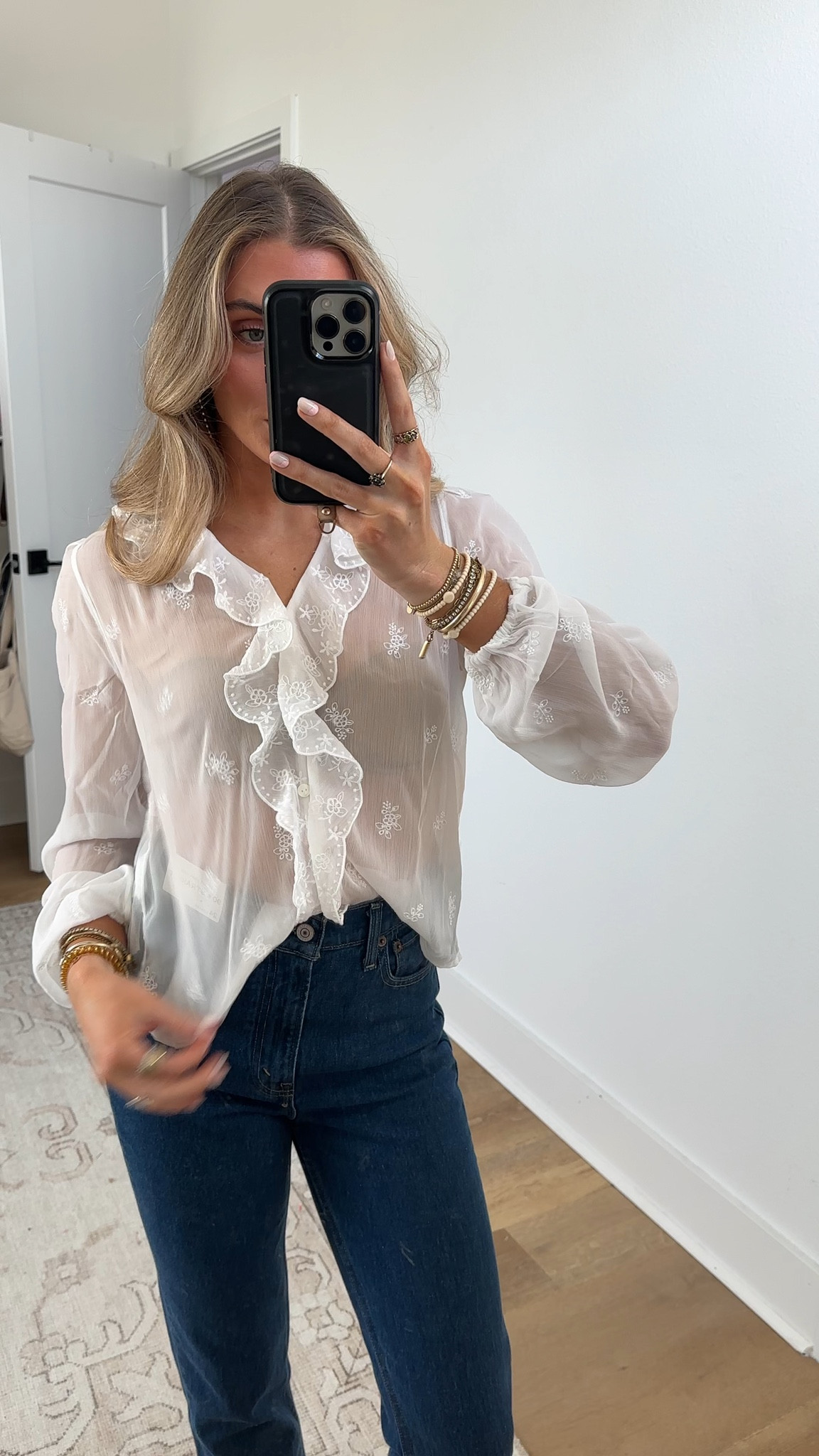 @abercrombie size XS Sheer Embroidered Ruffle Button-Through Blouse

Flattering long-sleeve top in our lightweight chiffon fabric. Features embroidered details throughout, a ruffle-lined V-neckline and button-up front

#LTKSaleAlert #LTKSeasonal #LTKootd