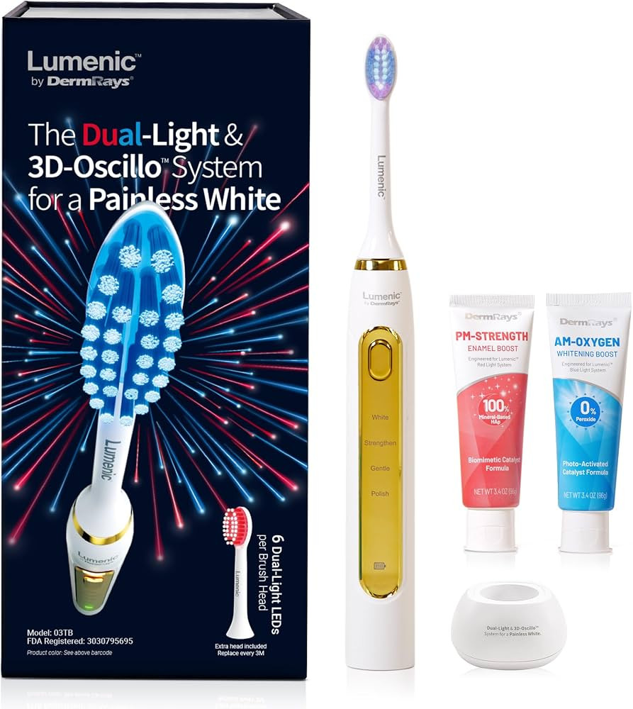 DermRays Lumenic Red Light Electric Toothbrush, 3D Sonic Toothbrush with Pap Teeth Whitening & Enamel Repair, Includes 6-Month Supply of Replacement Brush Heads, USB Rechargeable, Gold | Amazon (US)