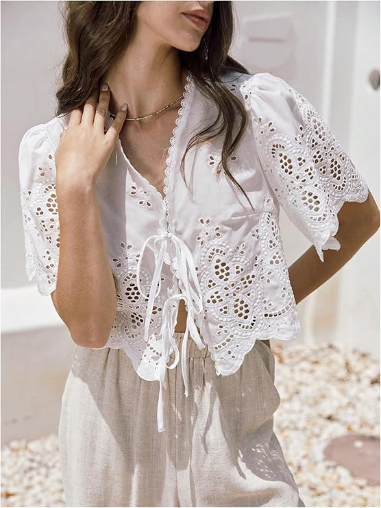 SOLY HUX Women's Hollow Tie Front Crop Tops Ruffle Short Sleeve V Neck Summer Blouse Shirts | Amazon (US)