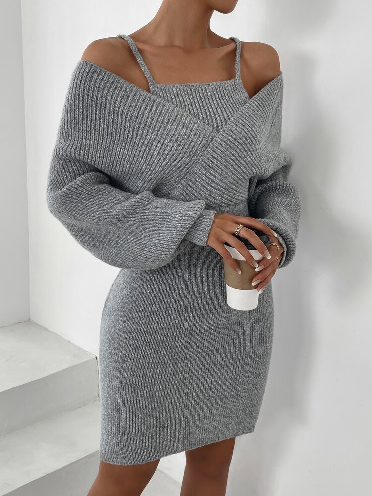 Dolman Sleeve Overlap Collar Sweater Dress | SHEIN