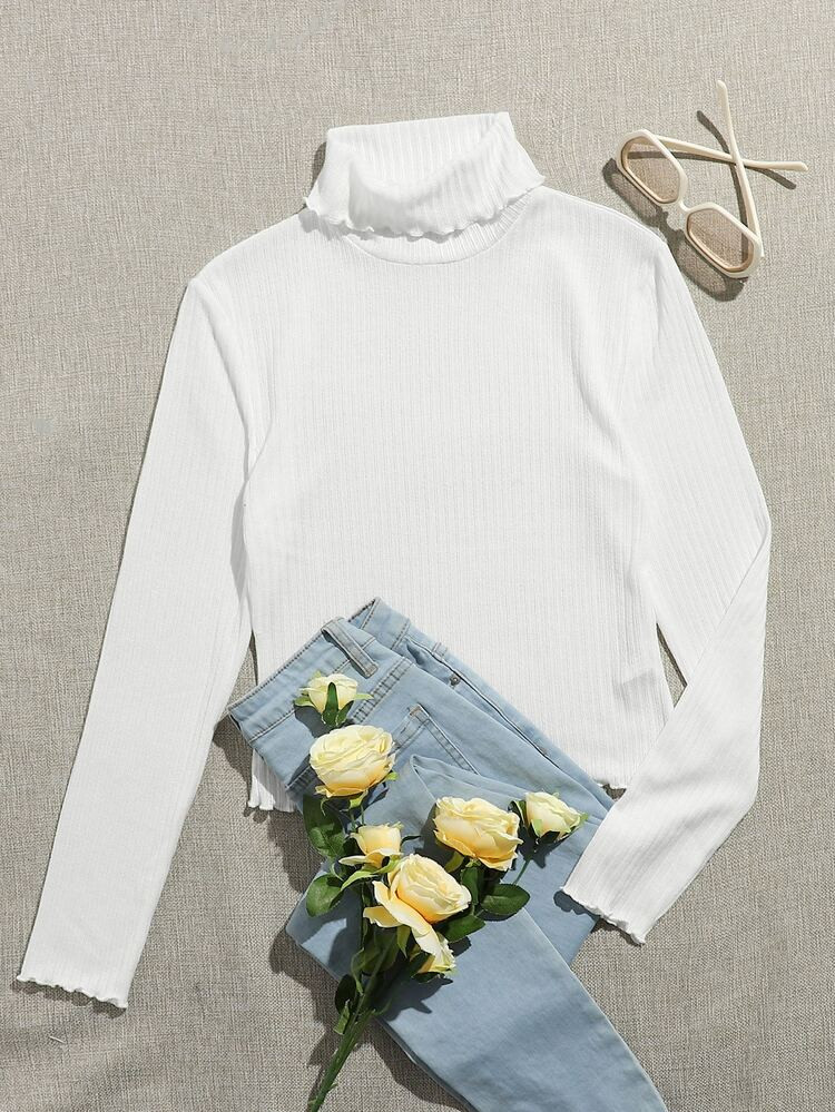 SHEIN Turtle Neck Lettuce Trim Rib-knit Tee | SHEIN