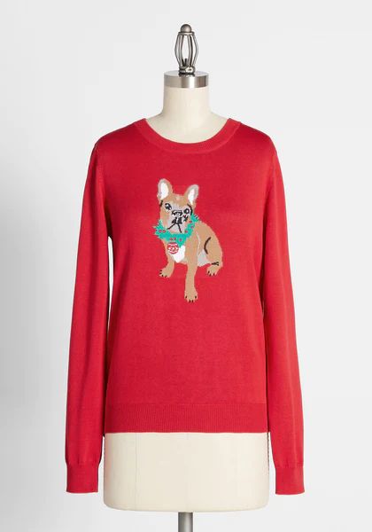 Festive Frenchie Graphic Pullover Sweater | ModCloth