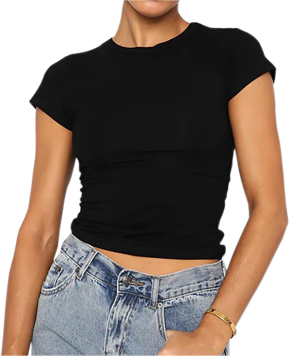 AKLOPVII BAIGRAM Women’s Basic Skinny Crop Top Tee Shirt Short Sleeve Skims Dupes Workout Round... | Amazon (US)
