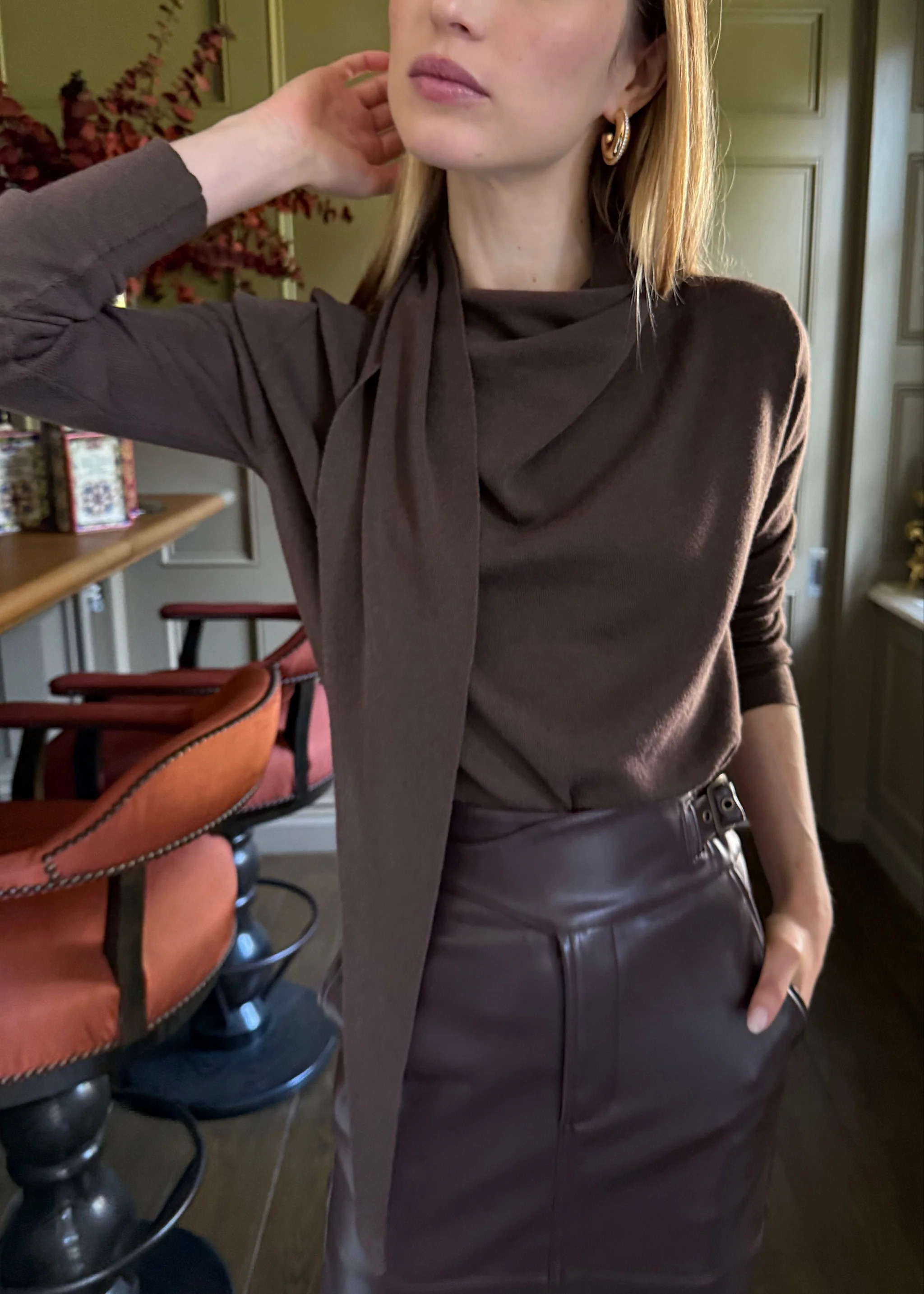 Janine Wrap Neck Long Sleeve Knit Scarf Top - Coffee Brown | Benaar La