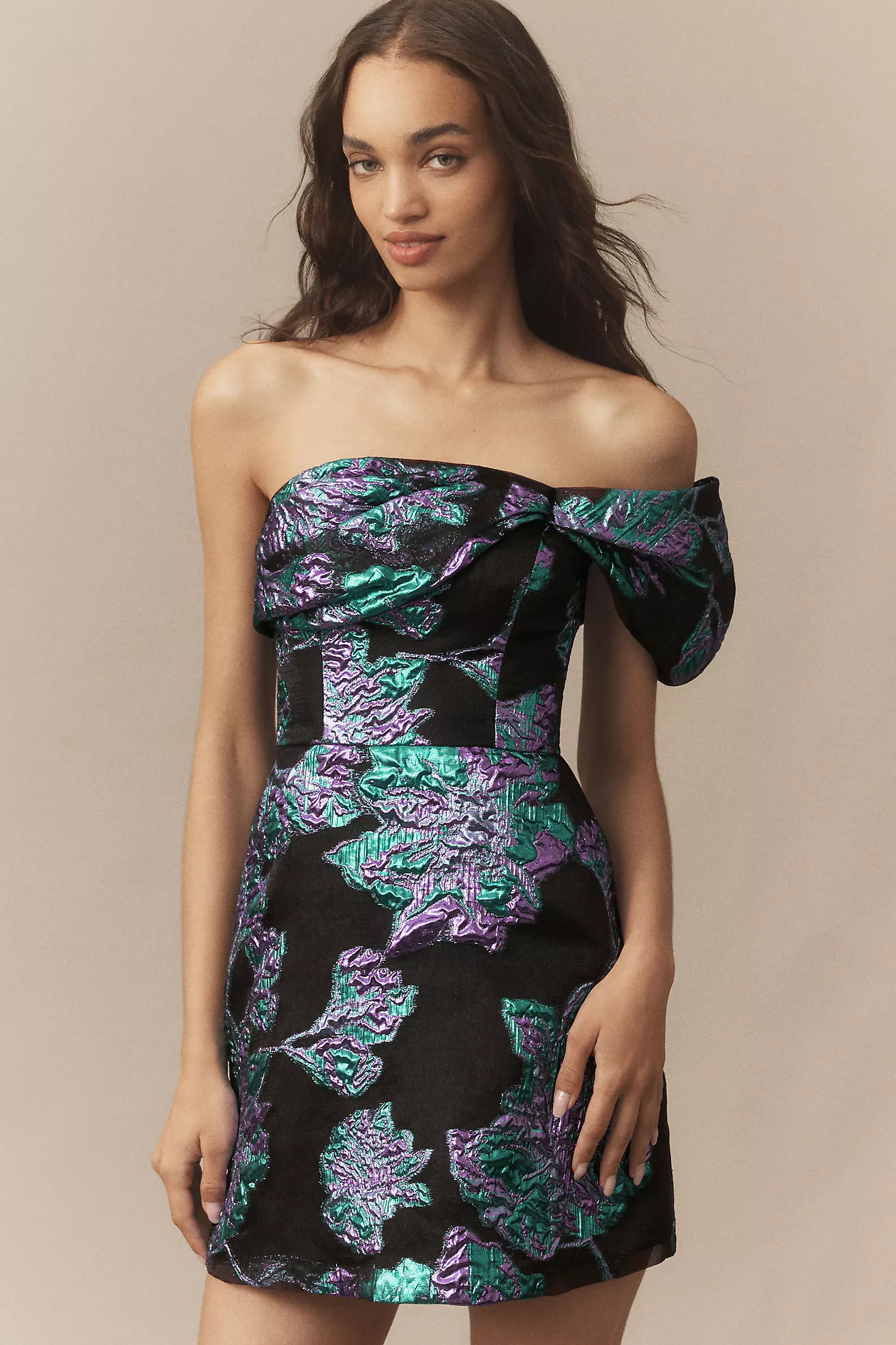 Dress The Population Olive Off-The-Shoulder Jacquard A-Line Mini Dress | Anthropologie (US)