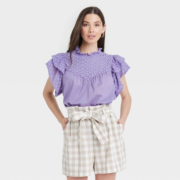 Women's Flutter Short Sleeve Eyelet Top - A New Day™ | Target