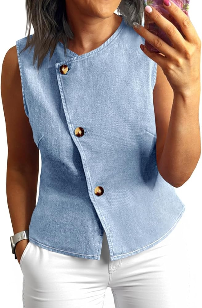 Tankaneo Women Denim Vest Tops Button Down Sleeveless Fitted Jean Tank Tops Trendy Casual Waistco... | Amazon (US)