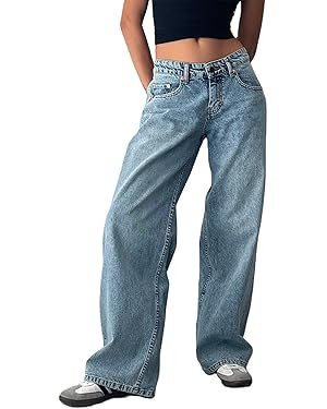 Giraropa Women Y2k Low Rise Jeans Vintage Baggy Straight Wide Leg Boyfriend Jeans Casual Loose Fi... | Amazon (US)