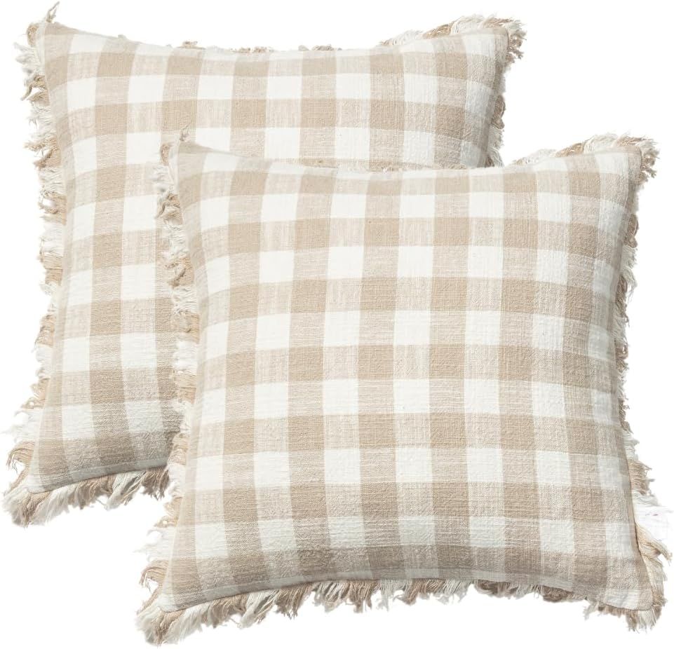 Set Of 2 Farmhouse Cotton Linen Boho Gingham Fringe Checkered Classic Retro Plaid Throw Pillow Co... | Amazon (US)