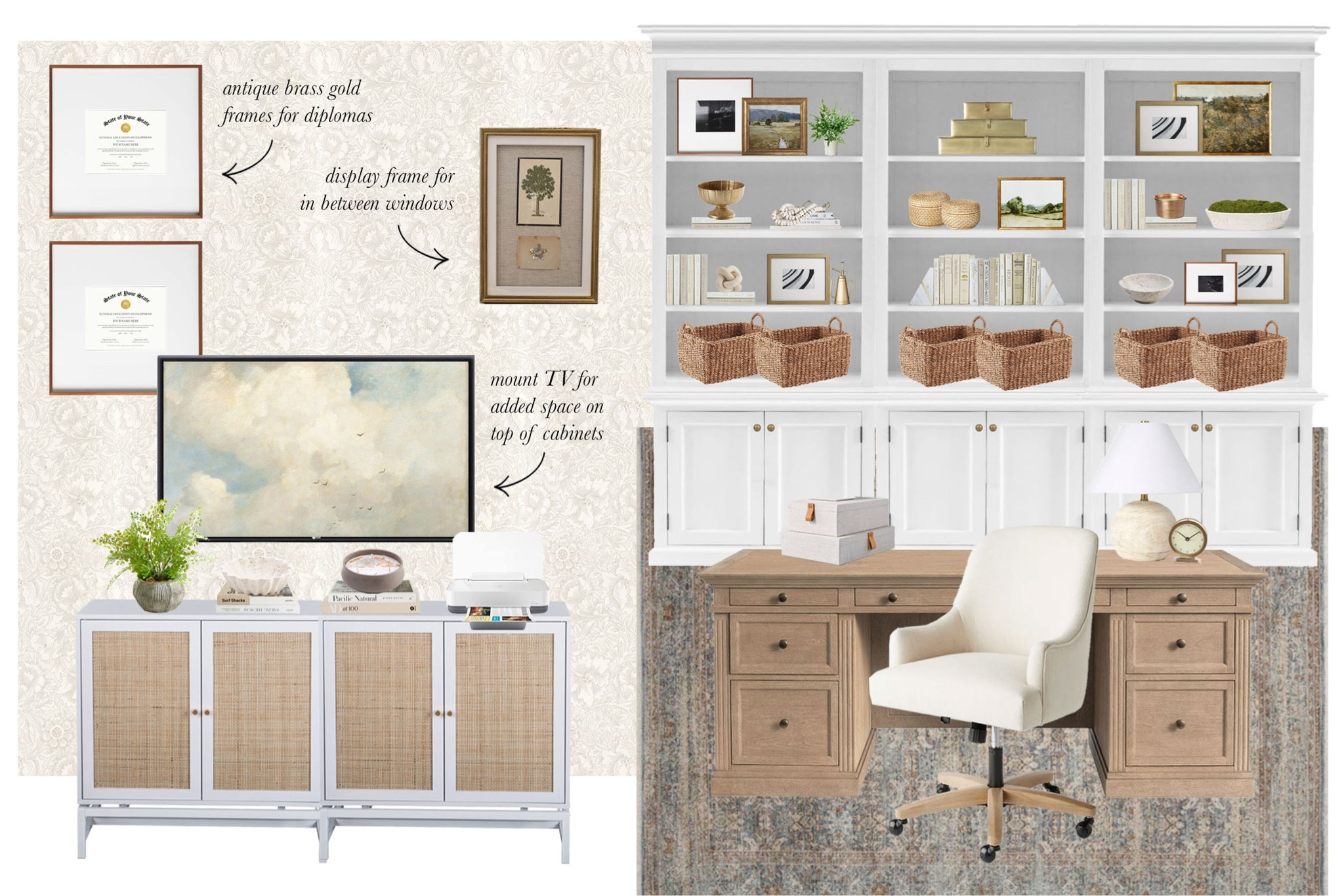 Loving how this neutral-feminine home office design turned out for a local client! #homeoffice #desk #organization #storage #deskchair #cabinet #shelfstyling #bookshelf #wallpaper #arearug #neutralhome #neutraldecor 

#LTKhome