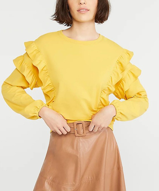ANN TAYLOR Women's Pullover Sweaters Lemon - Lemon Shade Ruffle Sweatshirt - Petite | Zulily