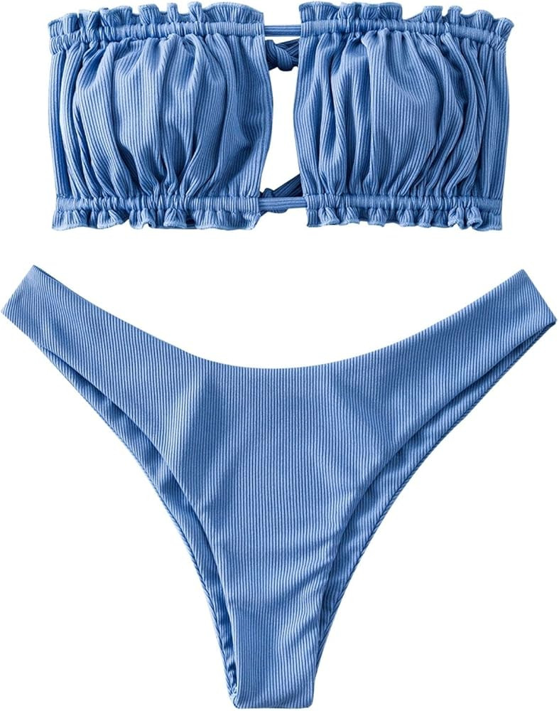ZAFUL Women 2 Piece Strapless Bikini Swimsuits Ruffle Ribbed Bandeau Bikini Set High Cut Bathing ... | Amazon (US)