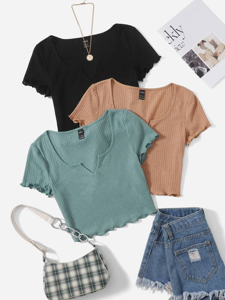 SHEIN EZwear 3pcs Lettuce Trim Crop Tee | SHEIN