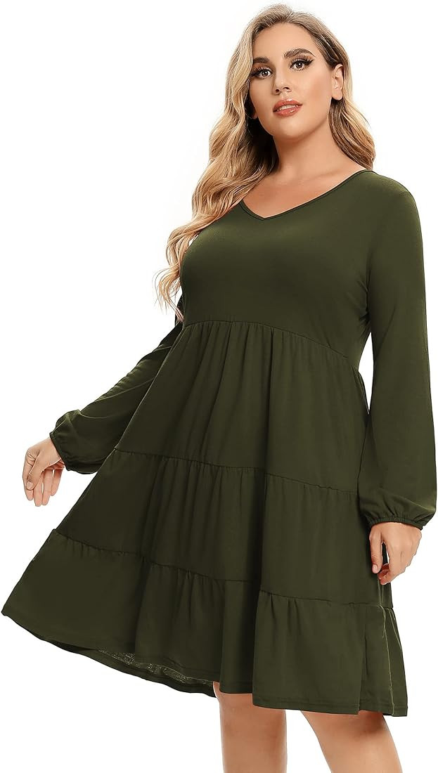 AMZ PLUS Women's Plus Size Casual Dress Lantern Sleeve Ruffle Hem V Neck Loose Swing Tunic Mini D... | Amazon (US)