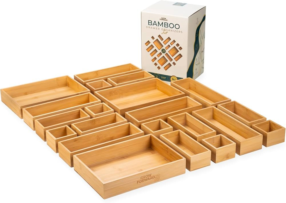 Grow Forward 21-Piece Bamboo Drawer Organizer Boxes Set - Storage Trays for Kitchen, Bathroom, Office, Desk, Nightstand, Vanity, Makeup - Nesting Wooden Junk Drawer Organizer Bins - 4 Assorted Sizes | Amazon (US)