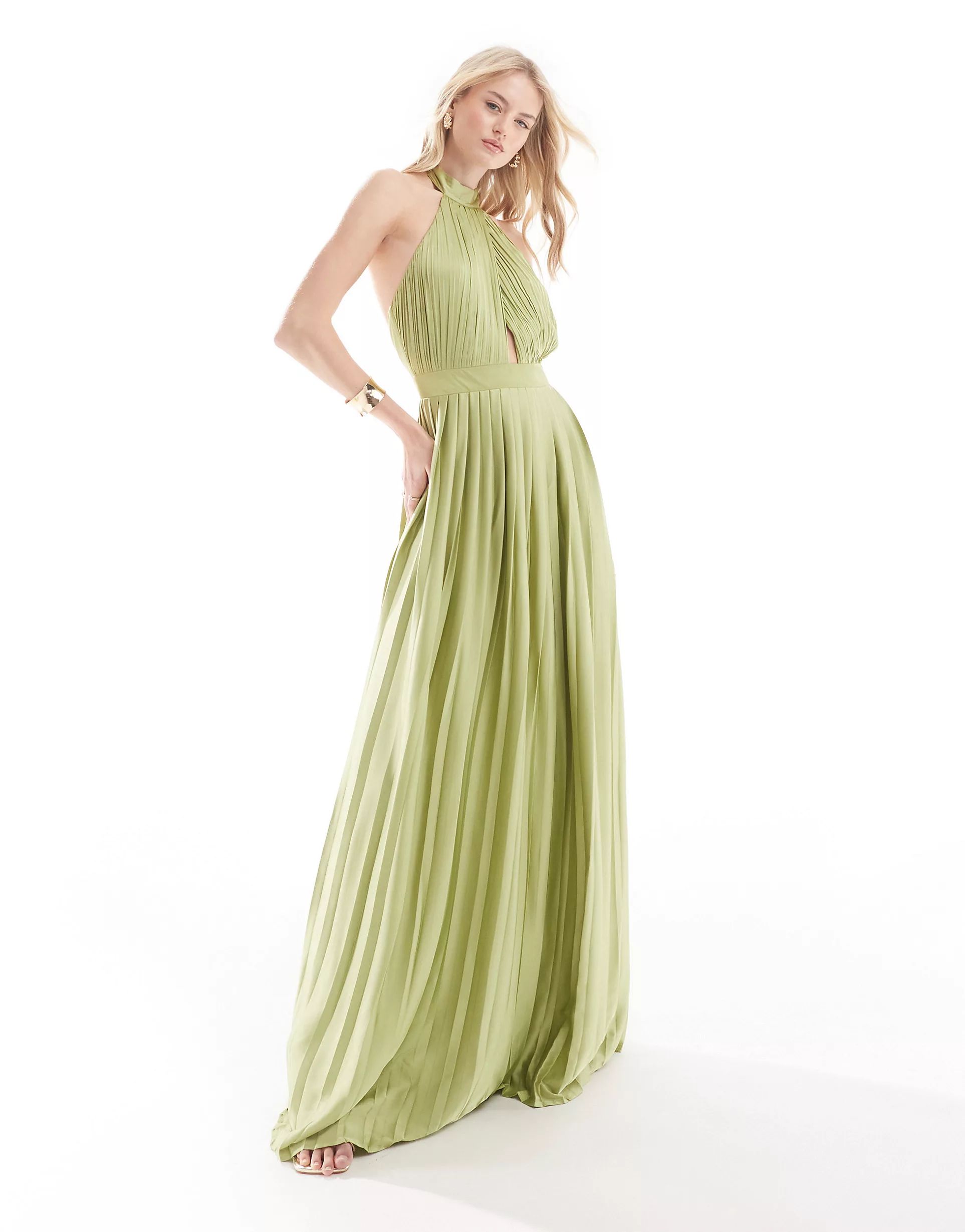 TFNC Tall Bridesmaid satin pleated halterneck maxi dress with full skirt in olive | ASOS (Global)