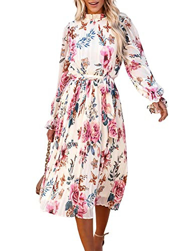 ANRABESS Women's Floral Chiffon Midi Dress Puff Long Sleeve Mock Neck Summer Wedding Guest Party Dresses Fall 2025 Outfits Floral Pink Large | Amazon (US)