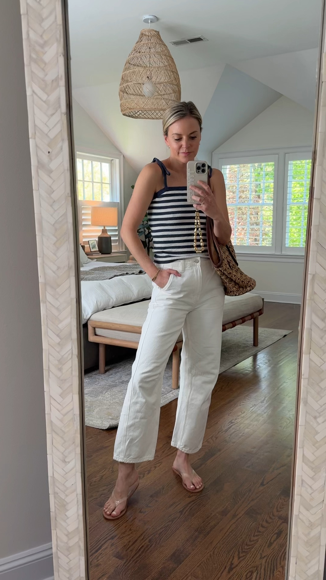 Target find perfect for Memorial Day, 4th of July and summer in general. Would also look cute with shorts or a skirt 
-small top, tts
-26R pants, tts 
-I’m a 7.5 + went size 8 sandals (whole sizes only) 

summer outfit 