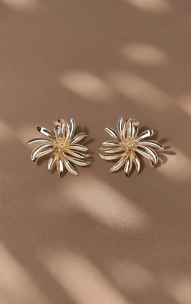 Gold Smooth Floral Statement Earrings | PrettyLittleThing UK