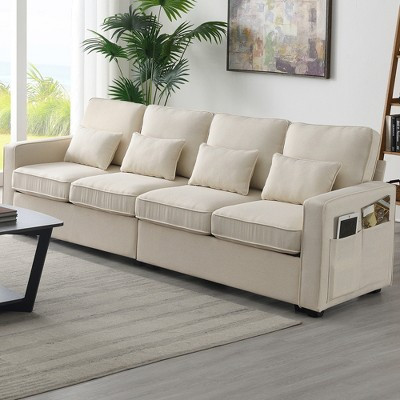 Whisen Modern Linen Fabric Sofa with Armrest Pockets and 4 Pillows, Minimalist Style Couch - Beige | Target