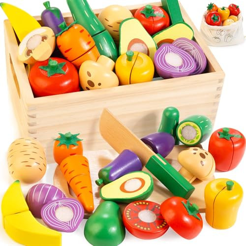 Wooden Play Food Set for Kids Kitchen | Velcro Chopping Veggies & Fruits Toy Food Set with Storage Case & Bag, Play Kitchen Accessories, Pretend Play Food for Toddlers 3+ | Amazon (US)