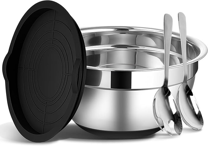 ShineMe Stainless Steel Salad Bowl with Lid, Extra Large Metal Bowl with Serving Utensils for Pre... | Amazon (US)