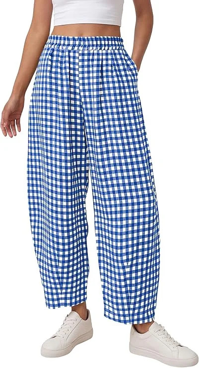 PRETTYGARDEN Plaid Barrel Pants Women Summer Casual Loose Wide Leg Lounge Gingham Trousers Spring... | Walmart (US)