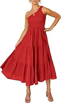 ANRABESS Women's Boho Summer Printed One Shoulder Sleeveless Smocked Flowy- Memorial Day | Amazon (US)