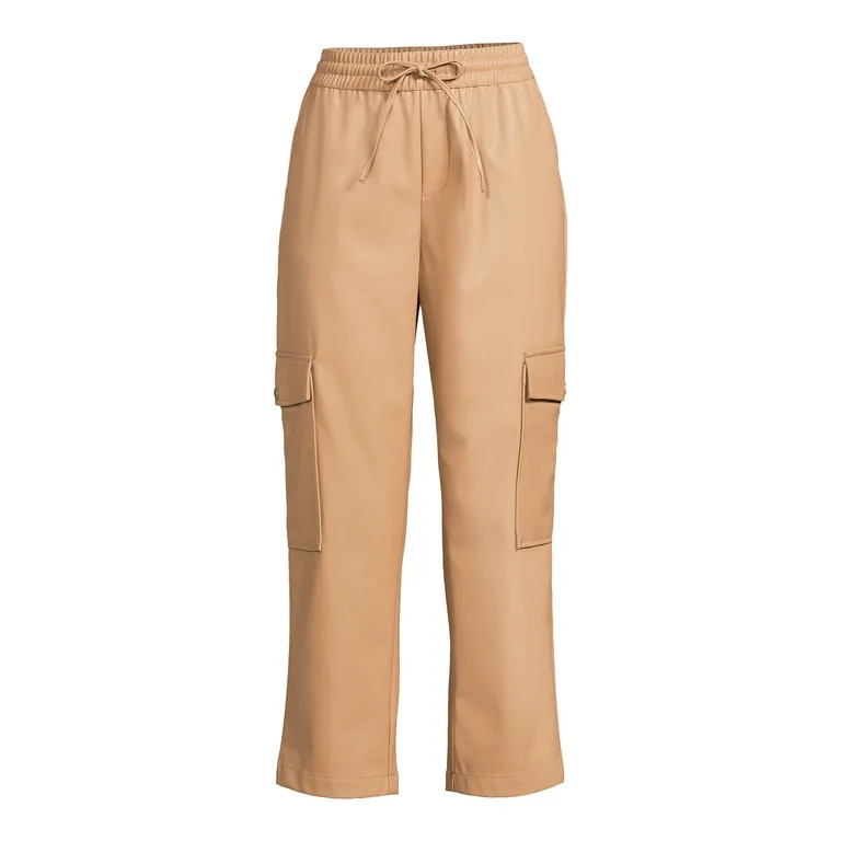 Time and Tru Women's Faux Leather Ankle Length Pull on Straight Leg Cargo Pants, 27" Inseam, Size... | Walmart (US)