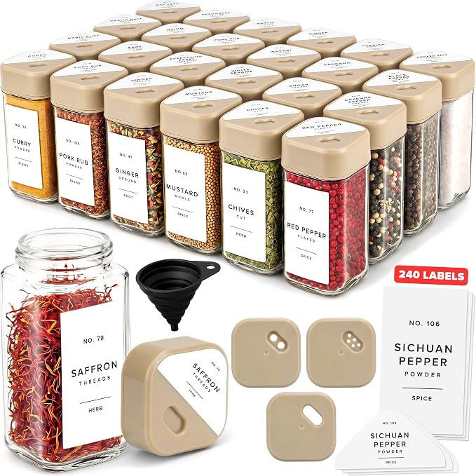 Glass Square Spice Jars with Label, 24x Beige Sprinkle Lids | Amazon (US)