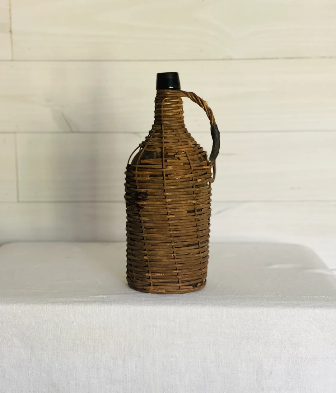 Vintage Demijohn with Black Bottle / Demi John Wicker Wrapped Old Wine Bottle | Etsy (US)