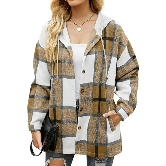 MOSHU Flannel Shirts for Women Button Down Plaid Shirt Hooded Shacket Jacket with Pocket | Walmart (US)