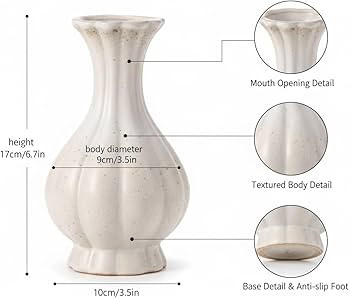 Small Ceramic Flower Vase – 17cm White Rustic Bud Vase with Narrow Neck, Handmade Decorative Ta... | Amazon (US)
