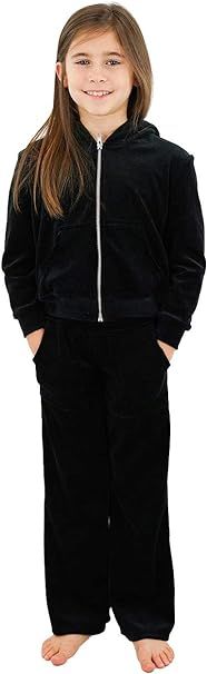 Velour Hoodie Set - Girls Jacket and Matching Pants, Soft Cotton, Pockets, Zipper Close (Black, M... | Amazon (US)