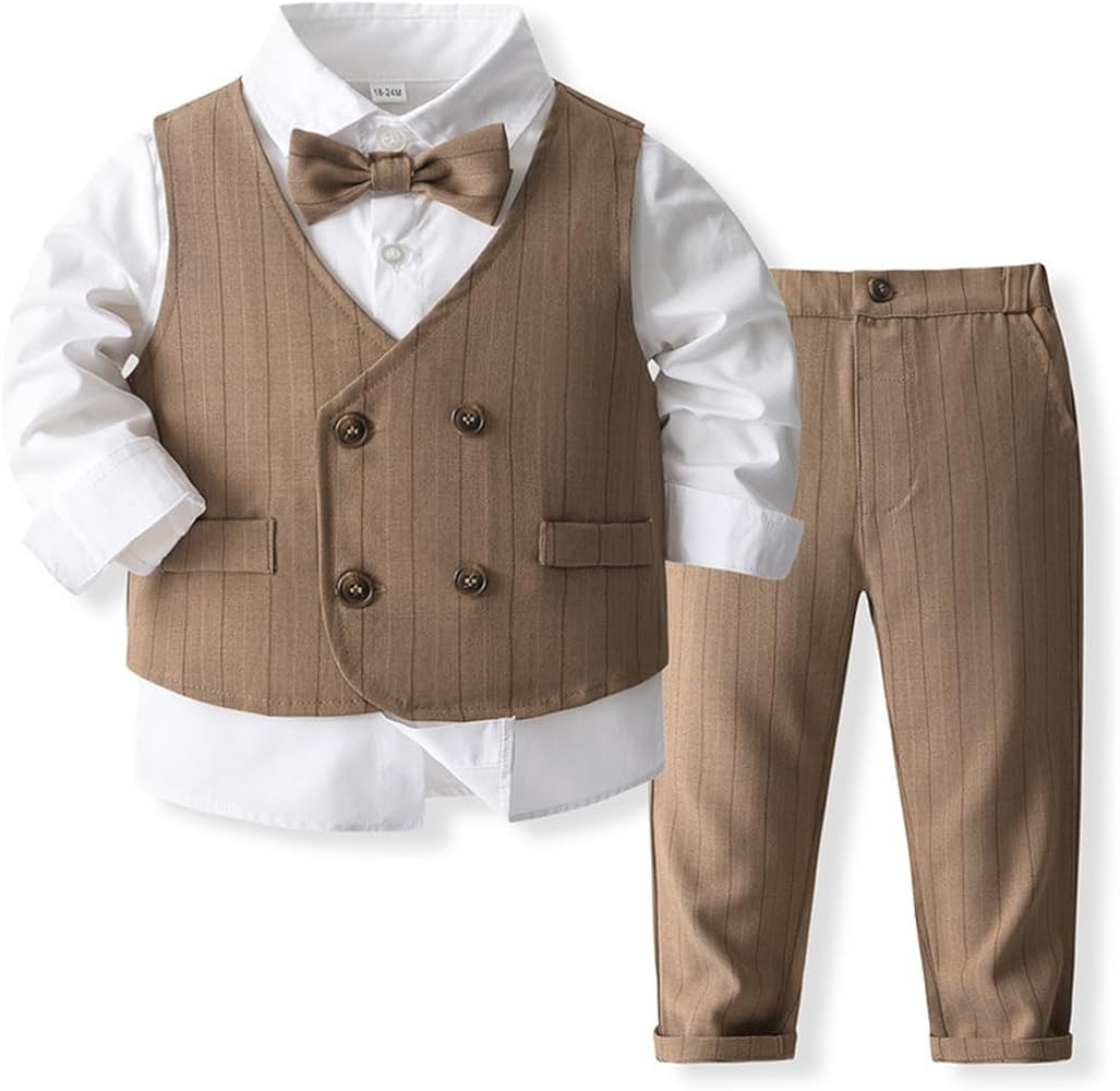IDOPIP Toddler Kids Baby Boys Formal Suit Gentleman Outfit Long Sleeve Shirt with Bowtie + Vest +... | Amazon (US)