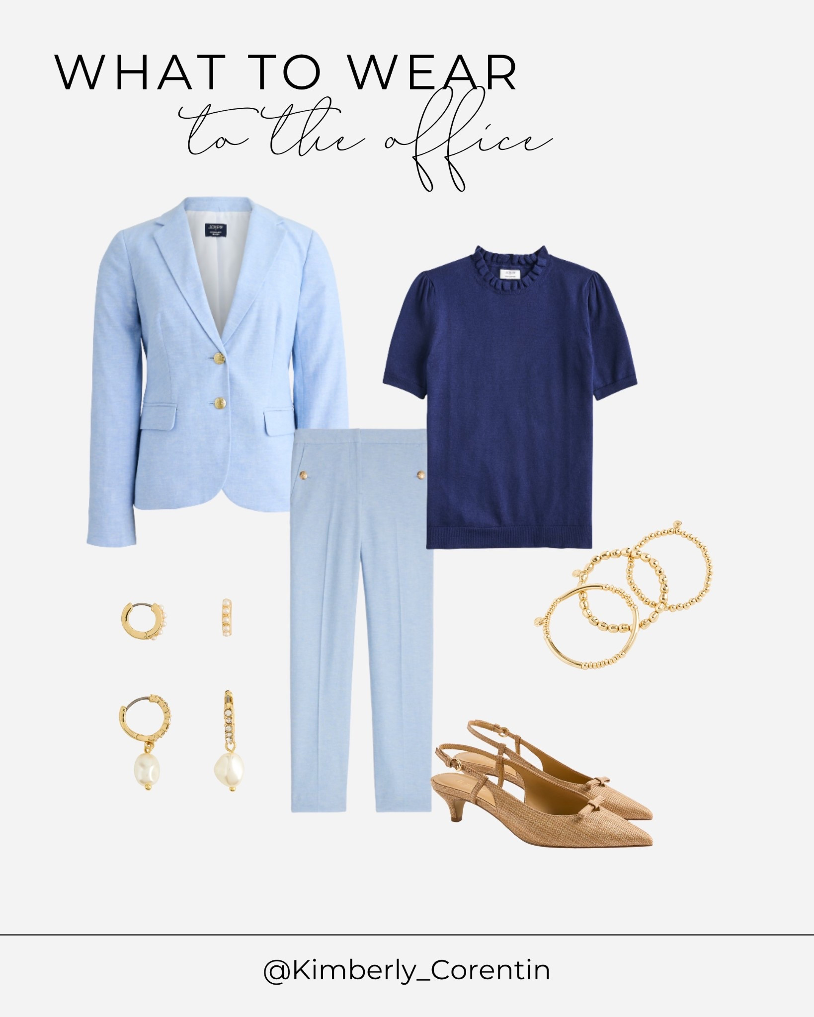 What to wear to the office 💼 Light blue blazer and trouser set with a navy ruffle top, woven slingback heels, gold hoops, and stacked bracelets — polished workwear that's still feminine and chic!

#workwear #officeoutfit #officestyle #whattoweartowork #workoutfitideas #officeoutfitideas #corporatestyle #businesscasual #9to5style #blazerset #trouserset #matchingset #suitset #lightblueblazer #bluesuit #ruffletop #navyblouse #navytop #slingbackheels #wovenheels #kittenheels #tanslingbacks #goldjewelry #goldhoops #goldhoopearrings #pearlhoops #stackedbracelets #goldbracelets #jcrew #jcrewstyle #preppyworkwear #feminineoffice

#LTKWorkwear #LTKOver40 #LTKootd