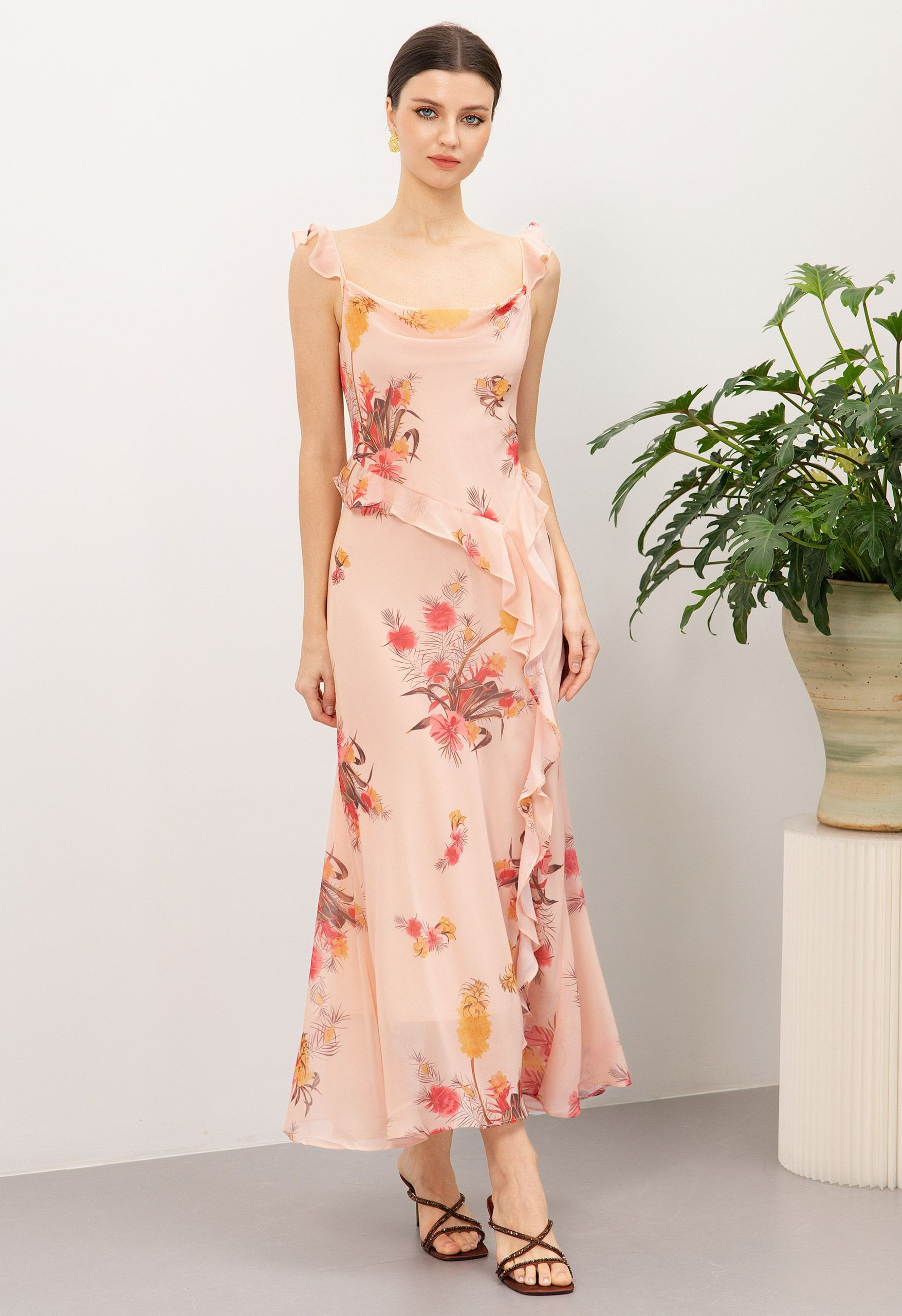 Meadow Floral Print Cowl Neck Ruffle Chiffon Dress for Beach Weddings & Brunch Dates | Chicwish