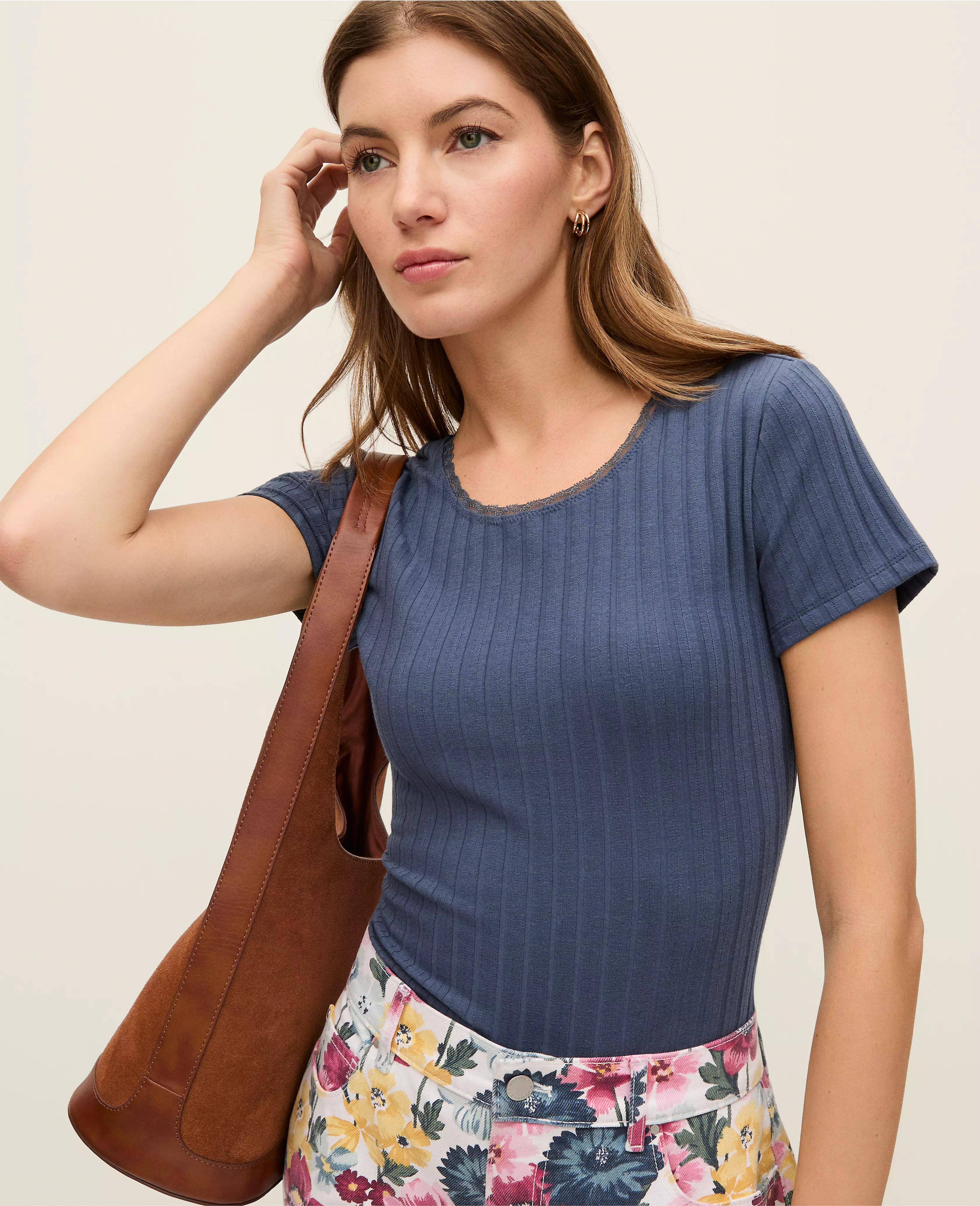 Weekend Collection Lace Trim Pointelle Tee | Ann Taylor