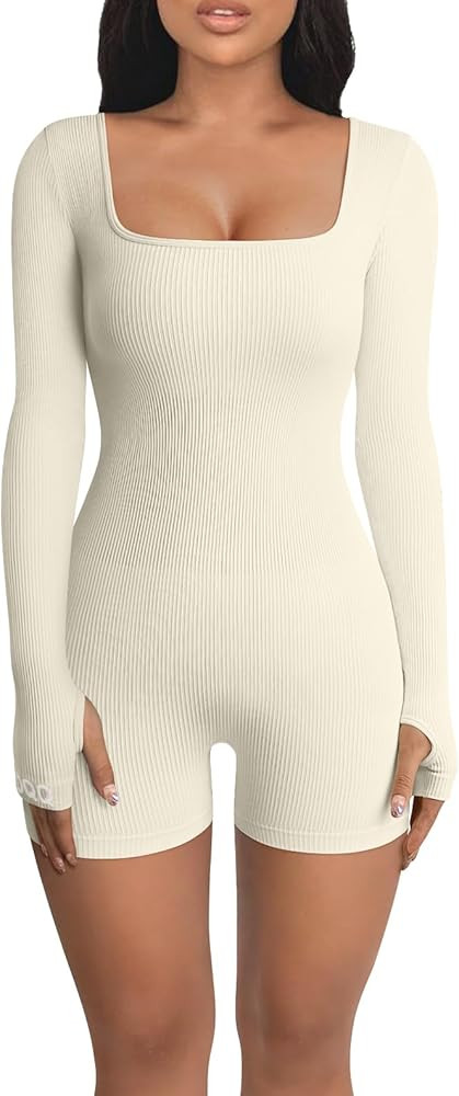 OQQ Women’s Yoga Rompers Workout Ribbed Long Sleeve Square Neck Sport Jumpsuits Rompers | Amazon (US)