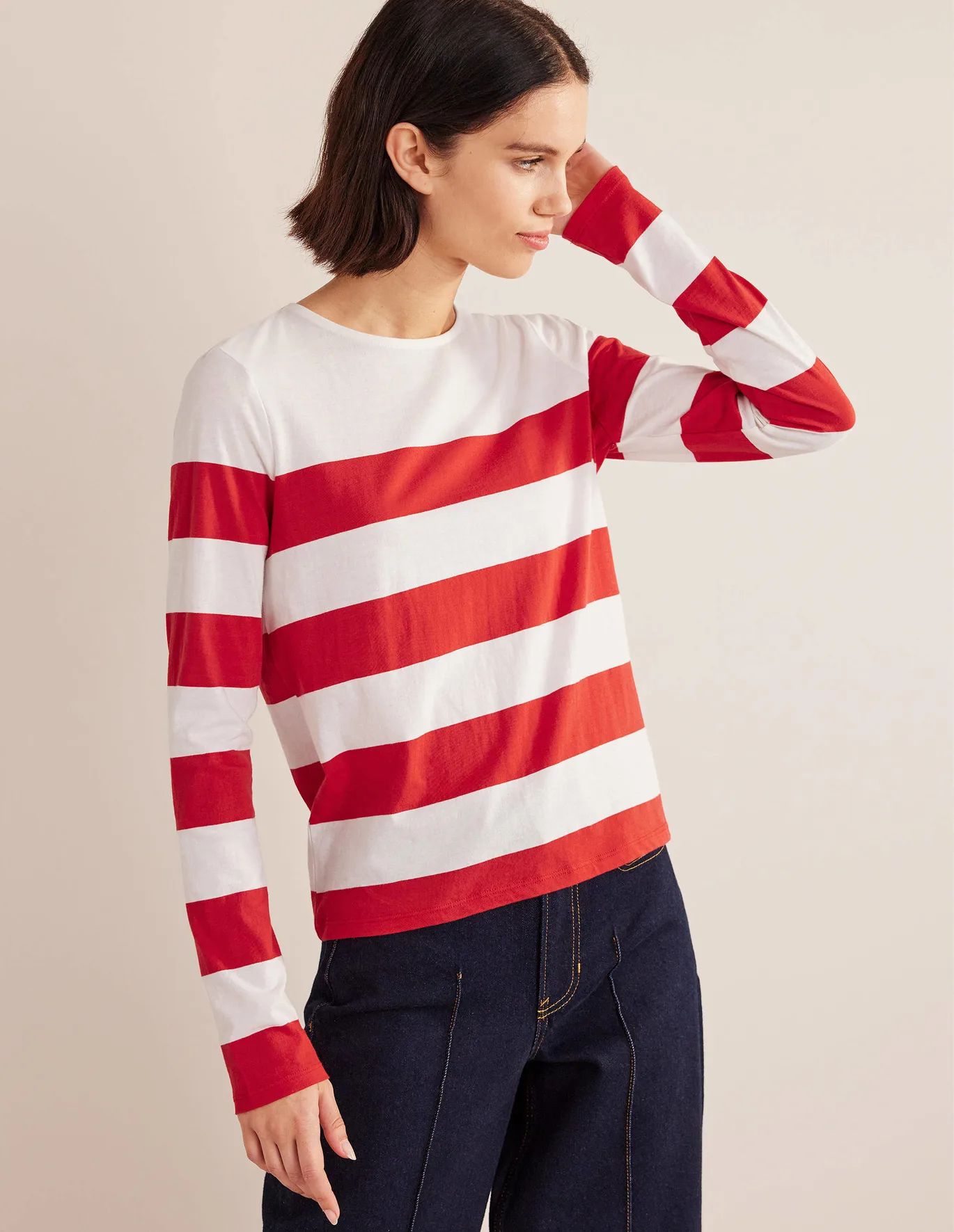Relaxed Long Sleeve Breton Top - Red and Ivory, Wide Stripe | Boden (US)