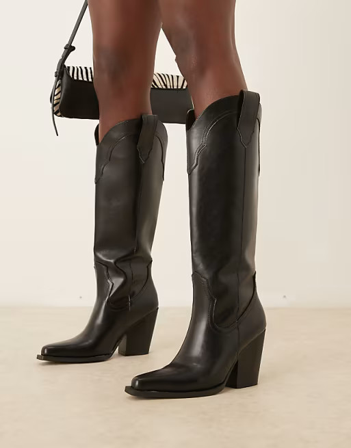 ASOS DESIGN Claudette western knee boots in black | ASOS | ASOS (Global)