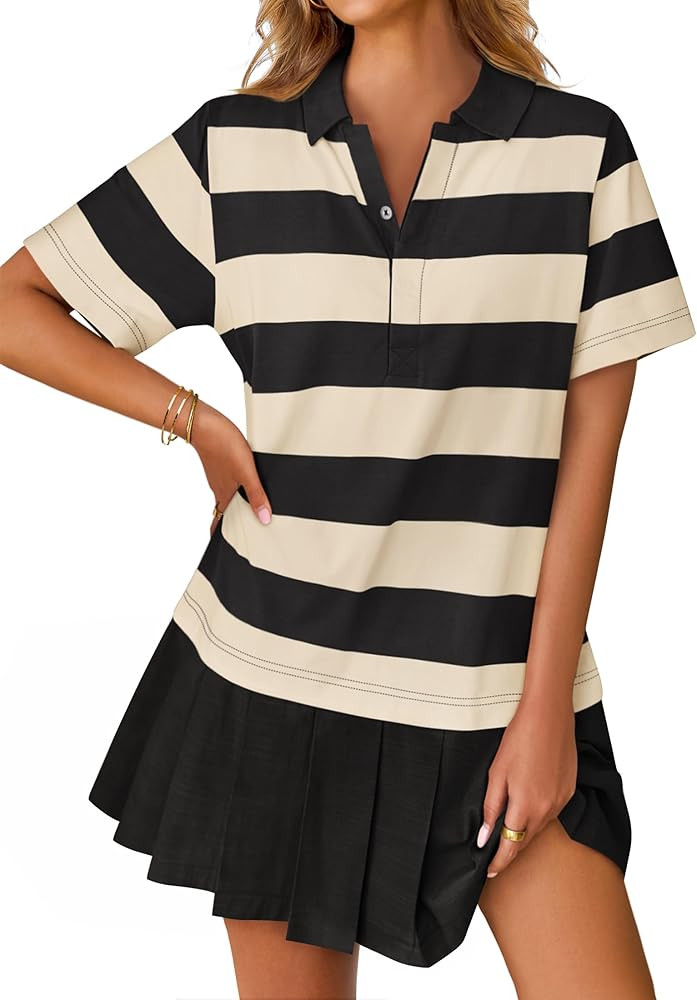 ZESICA 2025 Women's Casual Short Sleeve Tunic Shirt Dress Summer Striped V Neck Pleated Y2K Mini ... | Amazon (US)