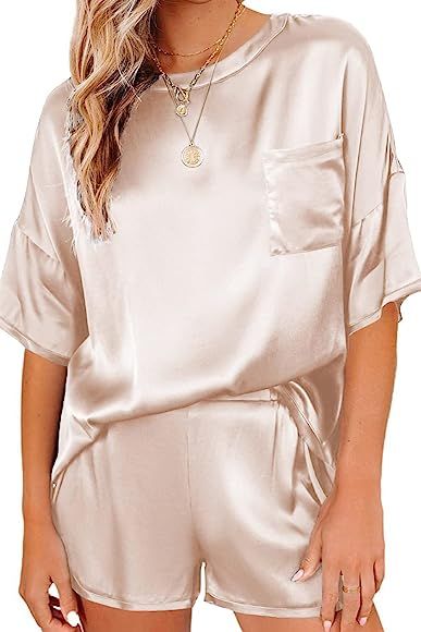 Ekouaer Satin Pajamas for Women Short Sleeve Silk Pajama Sets Soft Sleepwear Top with Causal Pj S... | Amazon (US)