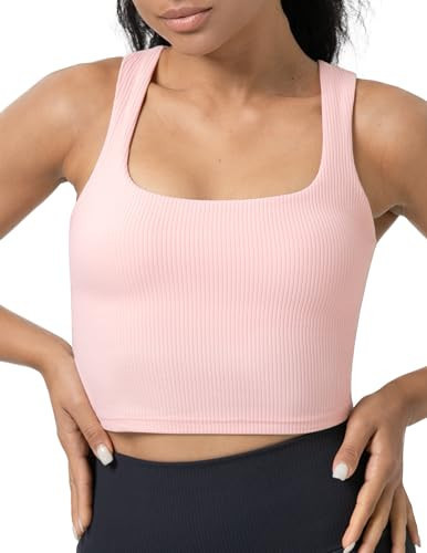 YUNOGA Womens Longline Sports Bra Square Neck Ribbed Yoga Bra Workout Crop Tank Tops with Built in Bra (L, Pink Sude) | Amazon (US)